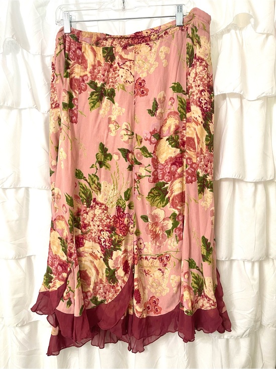 April Cornell Dresses & Skirts - April Cornell Pink Floral Midi Skirt with Burgundy Hem